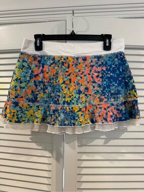 Multicolor Geo Print Ruffle A-Line Skirt with White Waistband